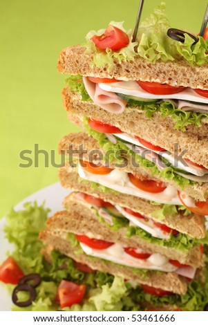 Healthy sandwiches with ham, camembert, tomatoes, cucumber, lettuce and black olives