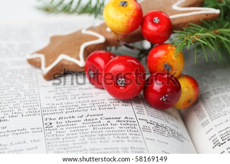 Open Bible with selective focus on text in Lucas 2 about Jesus\' birth