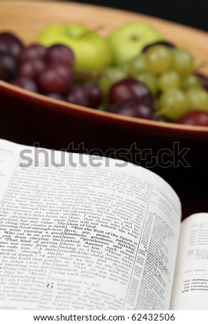 Fruit of the Spirit. Holy Bible open to Galatians 5. Focus on verse 22.