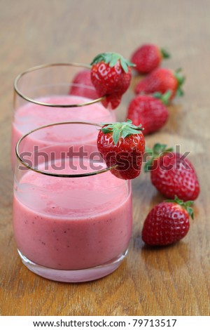 Fresh strawberry milk shake in two glasses