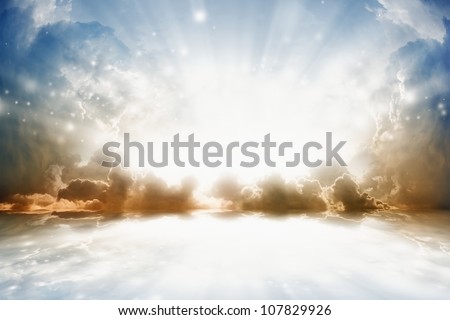 Peaceful background - bright sun shines, beautiful sky with reflection in water - heaven