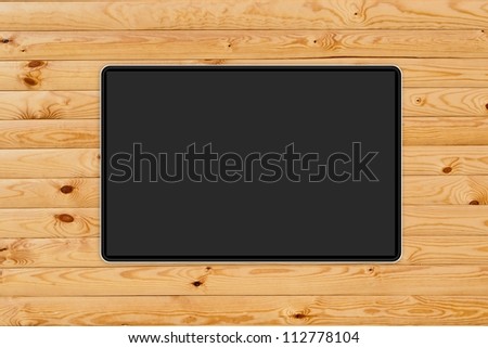 Abstract tablet PC, smartphone, laptop on wooden board