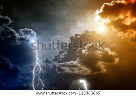 Nature force background - lightnings in sunset sky with dark clouds and rain