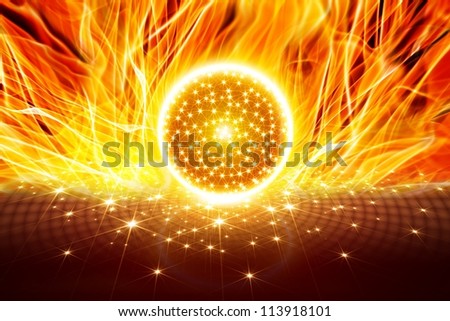 Abstract celebration background - bright orange circle, lights and fire