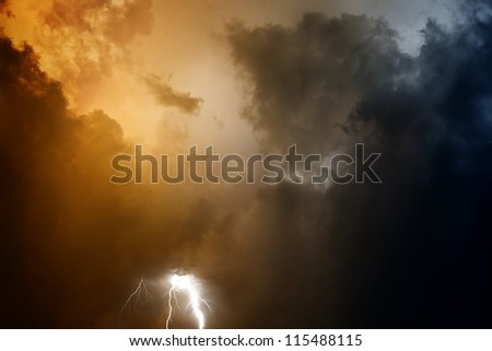 Nature force background - lightnings in stormy sky with dark clouds