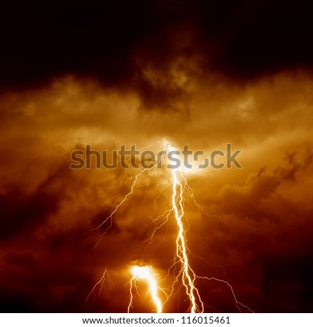 Nature force background - lightnings in stormy sky with dark red clouds