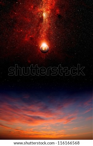 Abstract scientific background - exploding planet in space with stars. Elements of this image furnished by NASA-JPL-Caltech