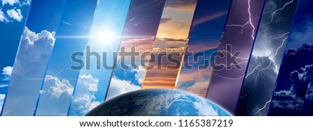 Weather forecast background, climate change concept, collage of sky image with variety weather conditions and planet Earth. Elements of this image furnished by NASA