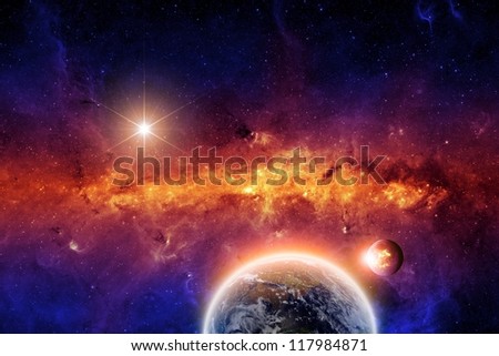Abstract scientific background - exploding planet and planet earth in space with stars. Elements of this image furnished by NASA-JPL-Caltech