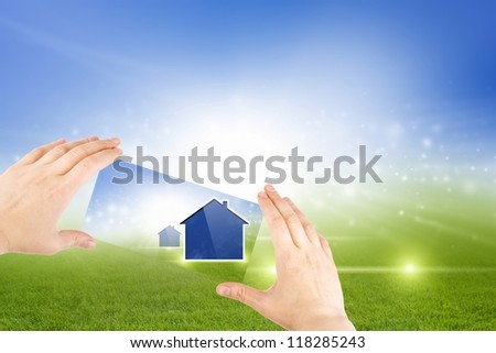 Augmented reality, abstract pc, smartphone in hands, multimedia gadget, new eco house in green field