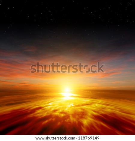 Beautiful nature background - red sunset, bright sun, stars in space