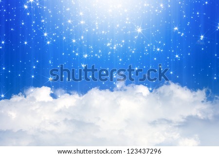 Peaceful background - blue sky, white clouds, bright stars, heaven