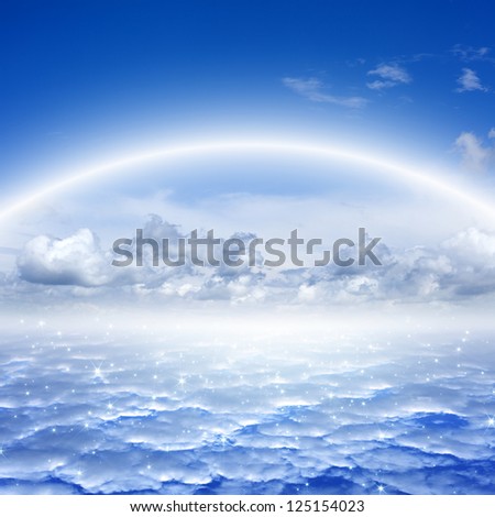 Peaceful background - rainbow and stars in blue sky, heaven
