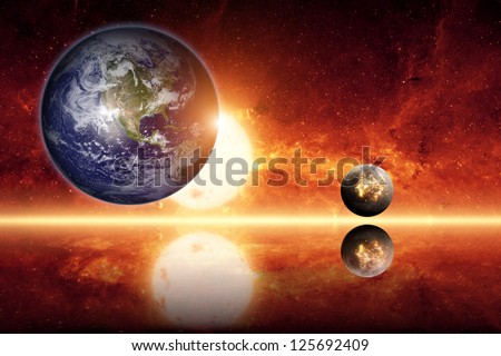 Abstract scientific background - planet earth, big sun, small exploding planet, red galaxy. Elements of this image furnished by NASA/JPL-Caltech