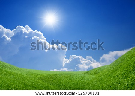 Peaceful landscape - green grass field, bright sun, blue sky, white clouds - heaven on earth