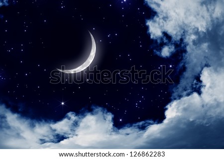 Peaceful background, night sky with moon, stars, beautiful clouds. Elements of this image furnished by NASA
