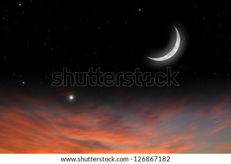 Peaceful background, sunset sky with moon, stars, red clouds. Elements of this image furnished by NASA