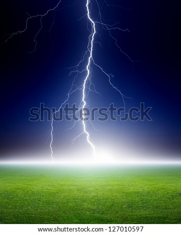 Big Bright Lightning, Green Grass Field, Dark Blue Night Sky