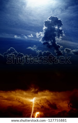 Dramatic background - lightning and rain in sunset sky, dark clouds, light from above
