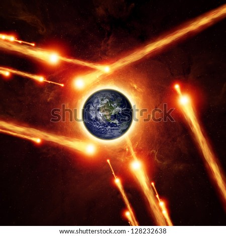 Abstract scientific background - asteroid impact planet earth, red galaxy. Elements of this image furnished by NASA/JPL-Caltech