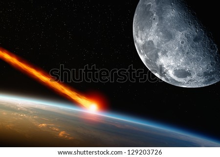 Abstract scientific background - asteroid impact planet earth, moon in space. Elements of this image furnished by NASA