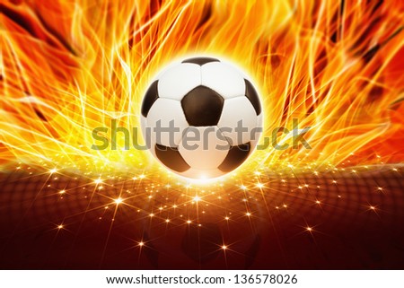 Abstract sports background - soccer ball burning in flame, fire