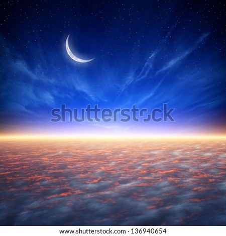 Peaceful background - beautiful sunset, blue sky with moon and stars, glowing horizon. Elements of this image furnished by NASA