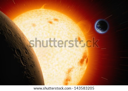 Abstract scientific background - planets Earth and Mars in space, bright red sun. Elements of this image furnished by NASA/JPL-Caltech