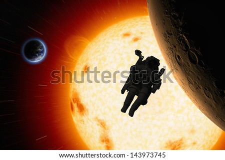Abstract scientific background - planets Earth and Mars in space, astronaut in open space, bright red sun. Elements of this image furnished by NASA