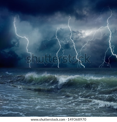 Dramatic Nature Background - Lightnings In Dark Sky, Stormy Sea, Big Waves