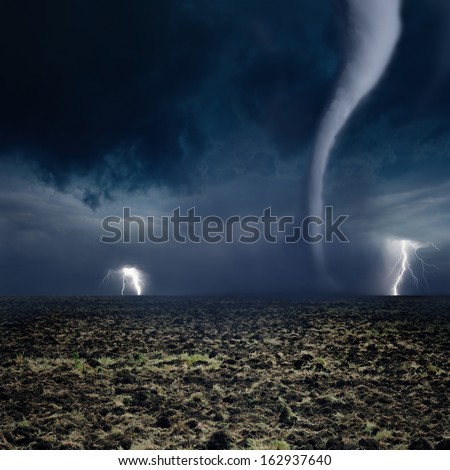 Nature Force Background - Huge Tornado, Bright Lightning In Dark Stormy Sky, Farmland