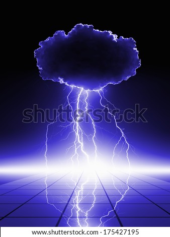 Abstract Scientific Background - Powerful Bright Lightnings From Dark Cloud, Reflection In Tiled Floor, Power Concept, Danger Concept, High Voltage