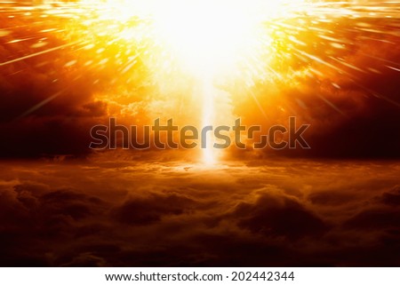 Abstract apocalyptic background - huge powerful red explosion, scientific experiment