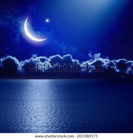 Ramadan background - moon and star with reflection in sea, holy month. Elements of this image furnished by NASA