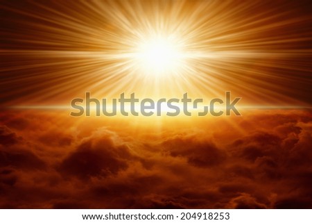 Abstract apocalyptic background - powerful red explosion, scientific experiment, bright red light from above