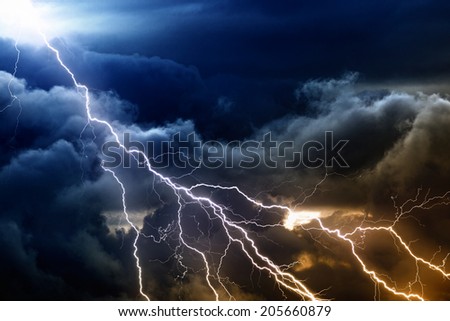 Dramatic nature background - bright lightnings in dark stormy sky