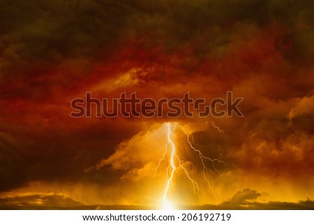 Apocalyptic dramatic background - lightnings in dark red sky, judgment day, armageddon
