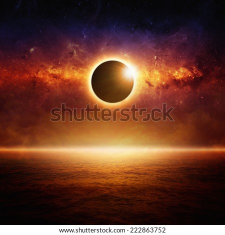 Abstract fantastic background - full sun eclipse, glowing horizon above red ocean, end of world. Elements of this image furnished by NASA