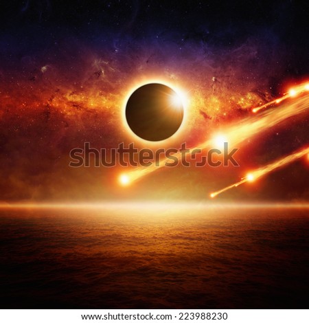 Abstract scientific background - full sun eclipse, asteroid impact, red galaxy in space, glowing horizon above red ocean, end of world. Elements of this image furnished by NASA/JPL-Caltech