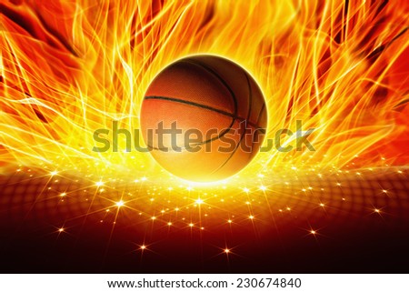Sports background - burning basketball in red hot flame