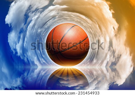 Abstract sports background - basketball in sky with blue and red clouds