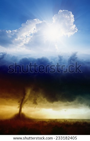 Nature force background - blue sky with sun and dark stormy sky with tornado, heaven and hell, good and evil
