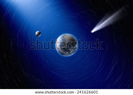 Abstract scientific background - planet Earth and moon in space, comet approaches planet Earth. Elements of this image furnished by NASA visibleearth.nasa.gov