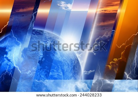 Planet Earth in variety weather conditions, bright sun and blue sky; dark stormy sky with lightnings; sunset and sunrise. Elements of this image furnished by NASA nasa