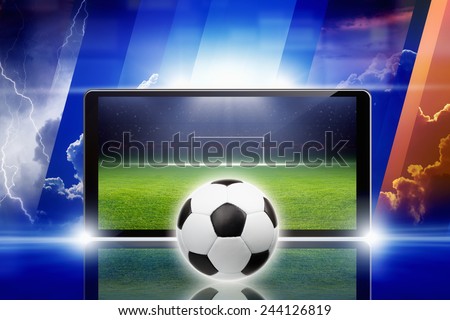 Technology, sports background - tablet pc, smartphone game, soccer ball, sports game online, soccer online