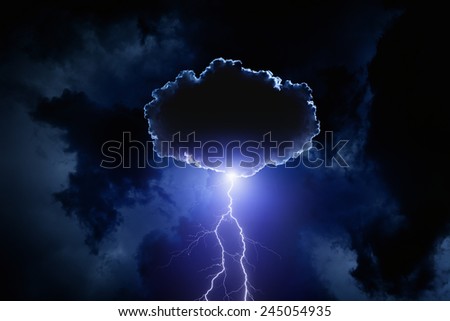 Nature force background - cloud with bright lightning in night dark sky, weather forecast concept