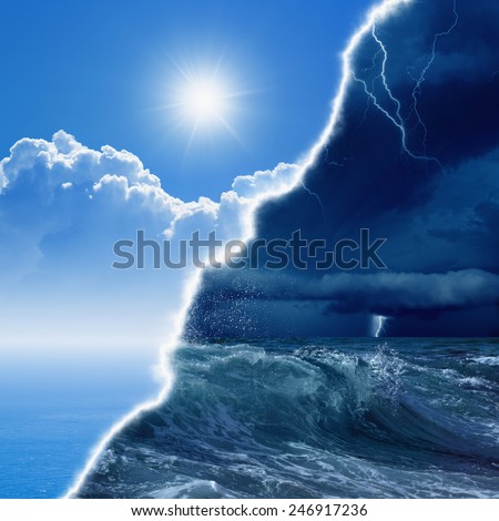 Weather forecast concept background -  opposite weather conditions, bright sun and blue sea; dark stormy sky with lightnings and stormy sea