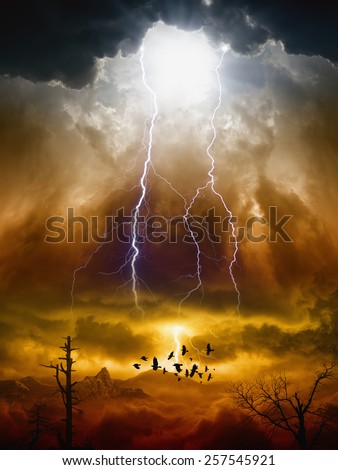 Apocalyptic dramatic background - lightnings in dark red sky, flock of flying ravens, crows in dark red moody sky, judgment day