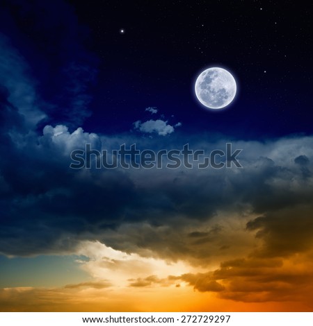 Beautiful nature background - red glowing sunset, full moon and stars. Elements of this image furnished by NASA