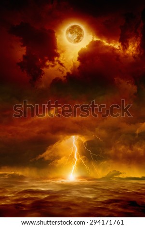 Dramatic apocalyptic background - dark red sky with full moon and lightning, end of world, judgment day. Elements of this image furnished by NASA nasa.gov